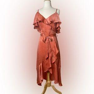 #44 COPY - Orange Satin Ruffle Wrap Asymmetric Party Dress